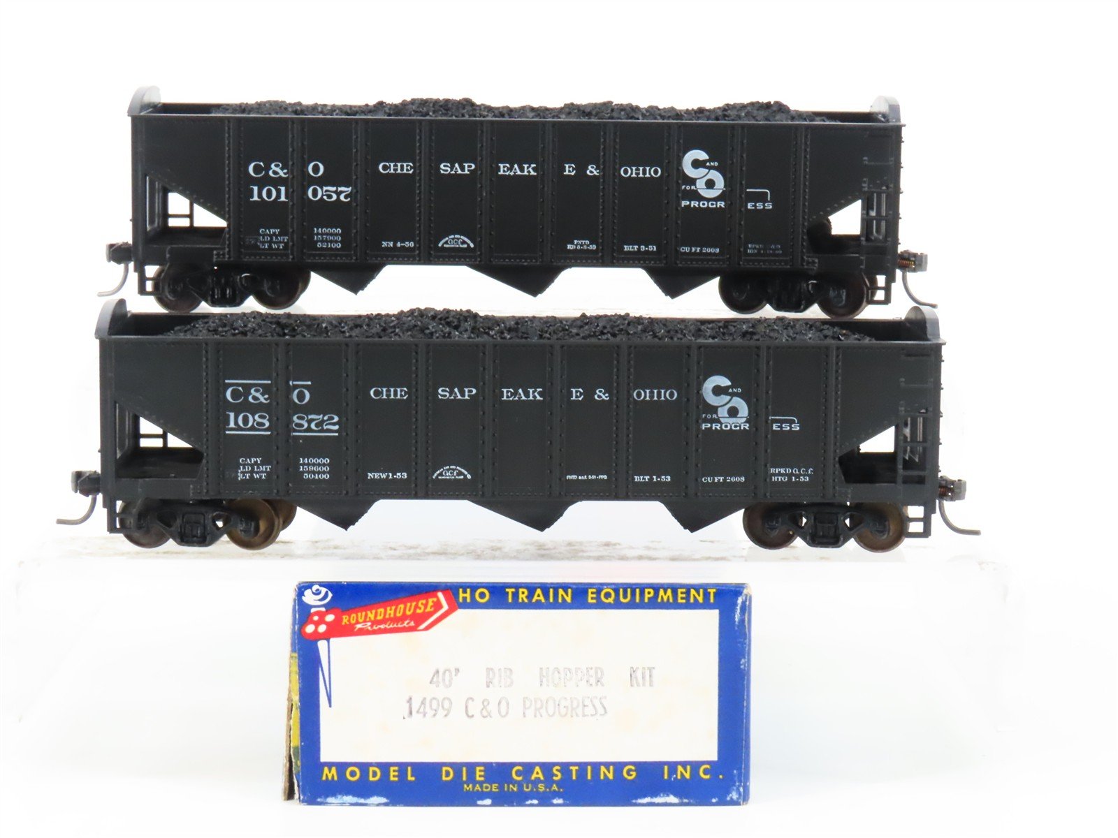 LOT of 2 HO Roundhouse 1499 C&O Progress 3-Bay Hopper w/ Coal Load - Upgraded