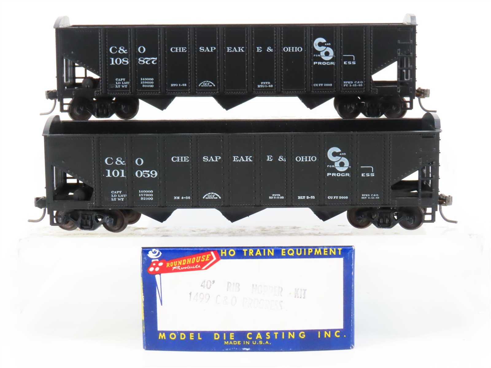 LOT of 2 HO Scale Roundhouse 1499 C&O Progress 3-Bay Open Hopper - Upgraded