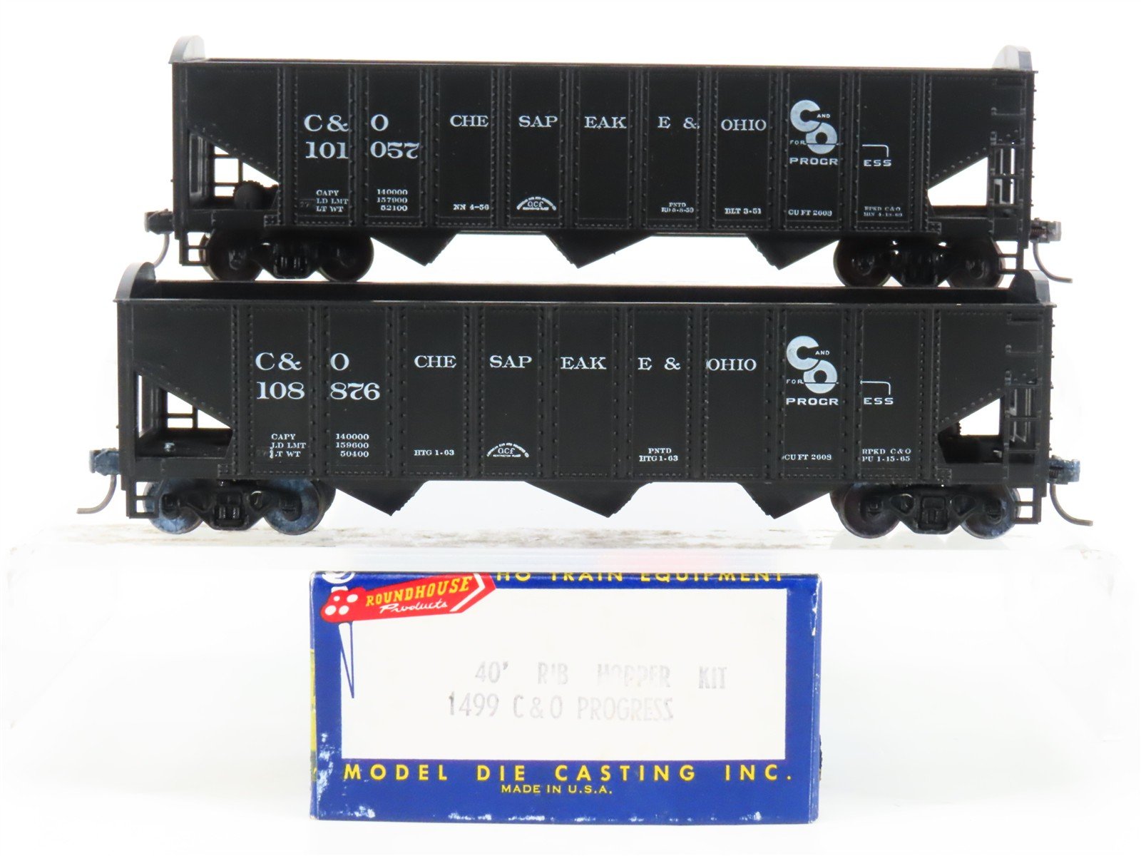 LOT of 2 HO Scale Roundhouse 1499 C&O Progress 3-Bay Open Hopper - Upgraded