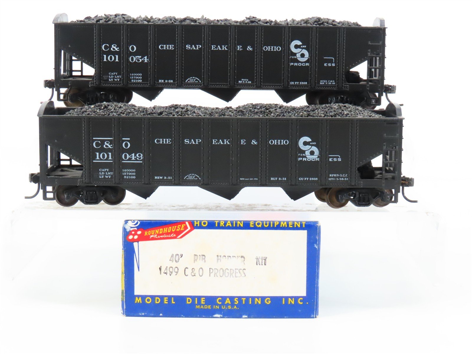 LOT of 2 HO Roundhouse 1499 C&O Progress 3-Bay Hopper w/ Coal Load - Upgraded