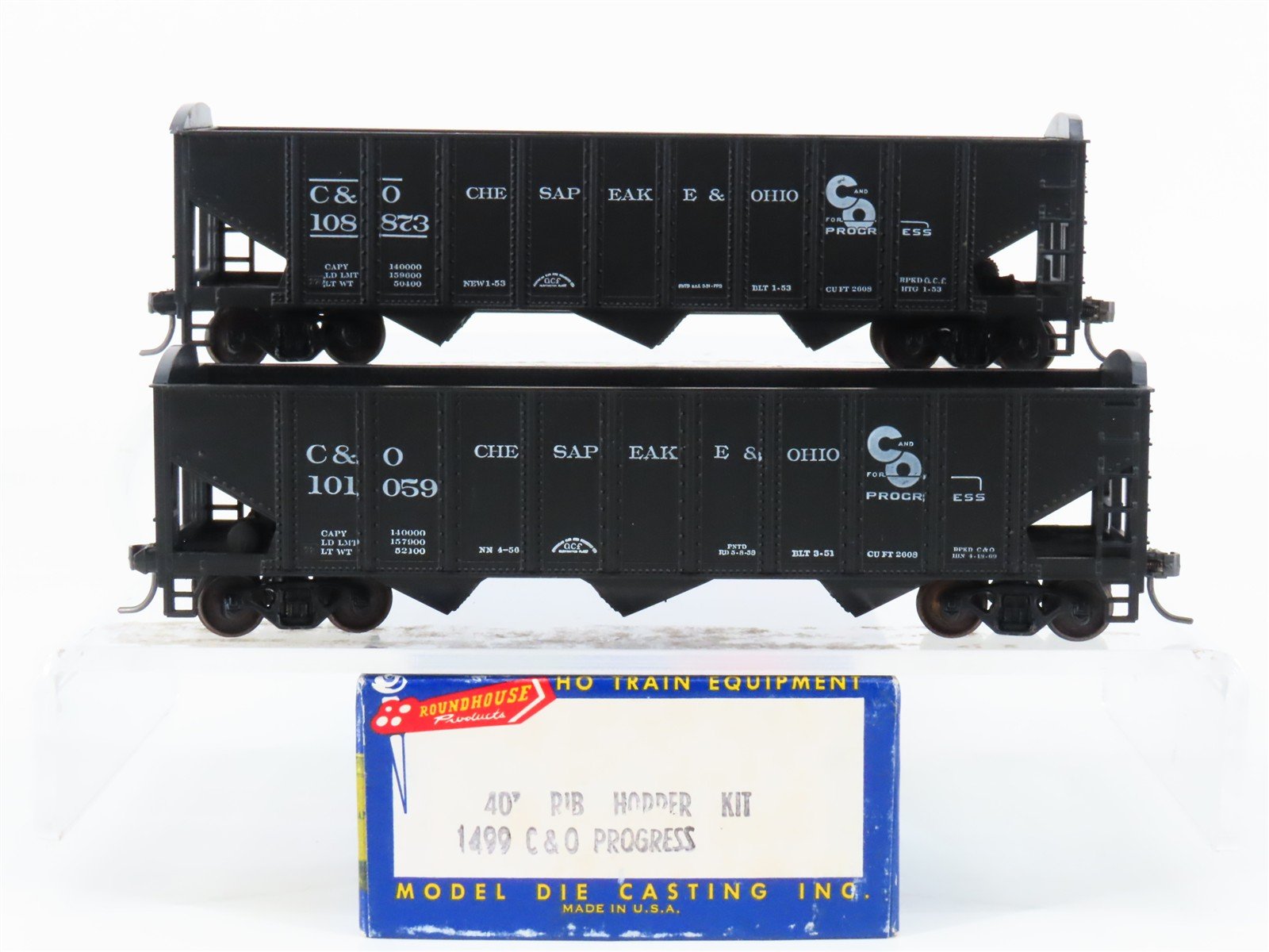 LOT of 2 HO Scale Roundhouse 1499 C&O Progress 3-Bay Open Hopper - Upgraded