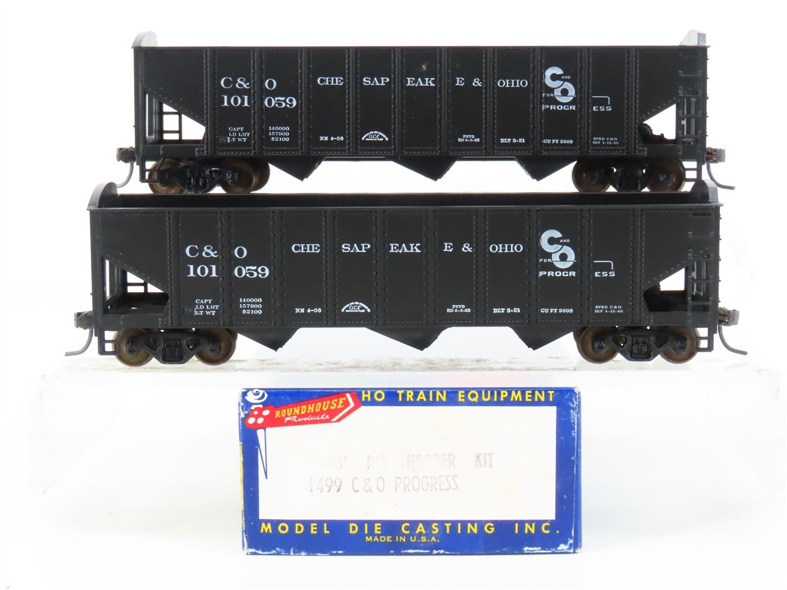 LOT of 2 HO Scale Roundhouse 1499 C&O Progress 3-Bay Open Hopper - Upgraded