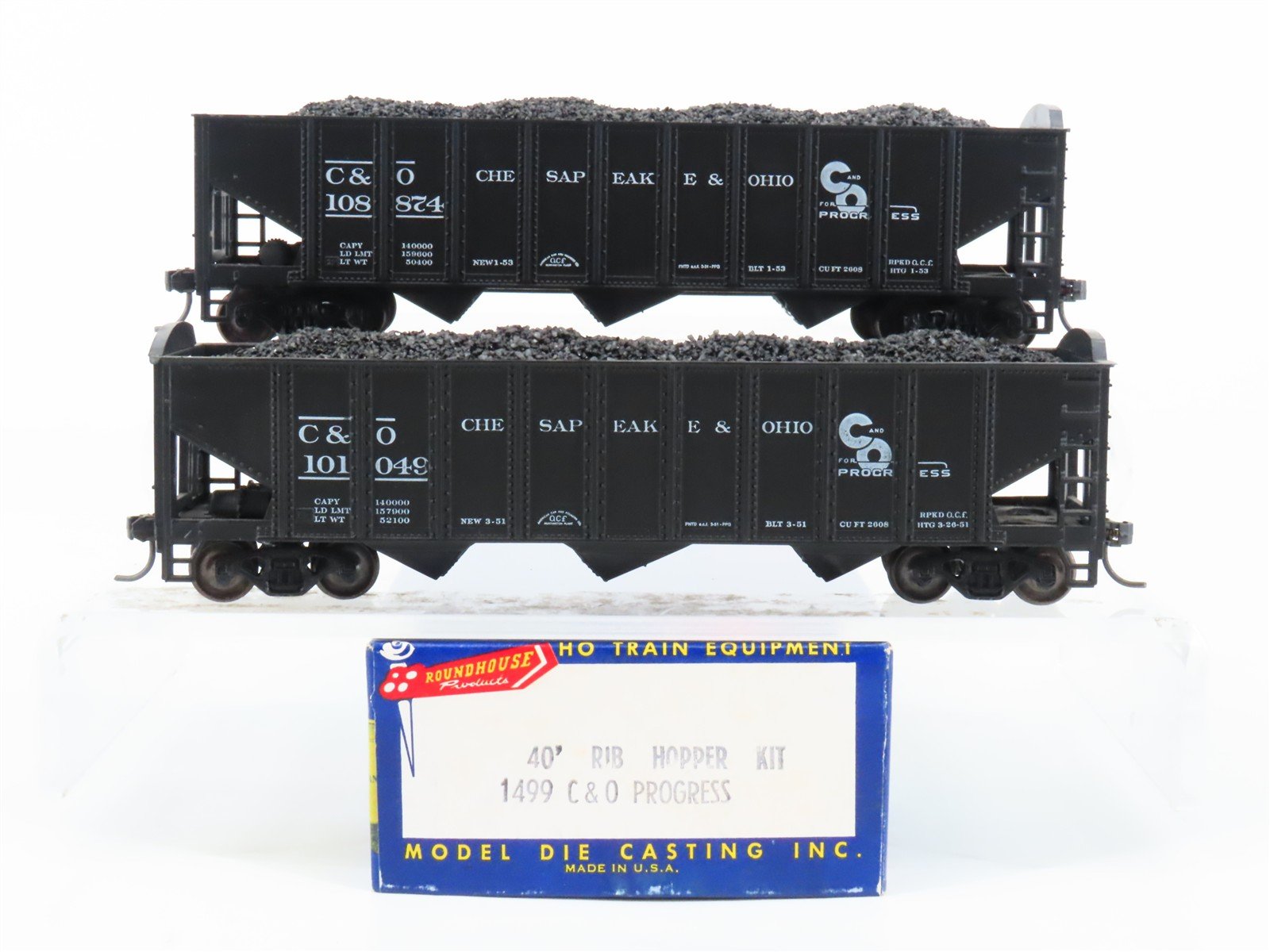 LOT of 2 HO Roundhouse 1499 C&O Progress 3-Bay Hopper w/ Coal Load - Upgraded