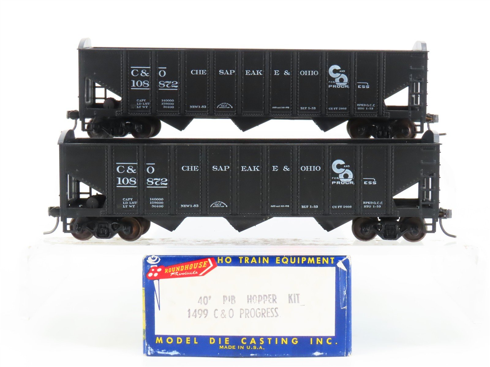 LOT of 2 HO Scale Roundhouse 1499 C&O Progress 3-Bay Open Hopper - Upgraded