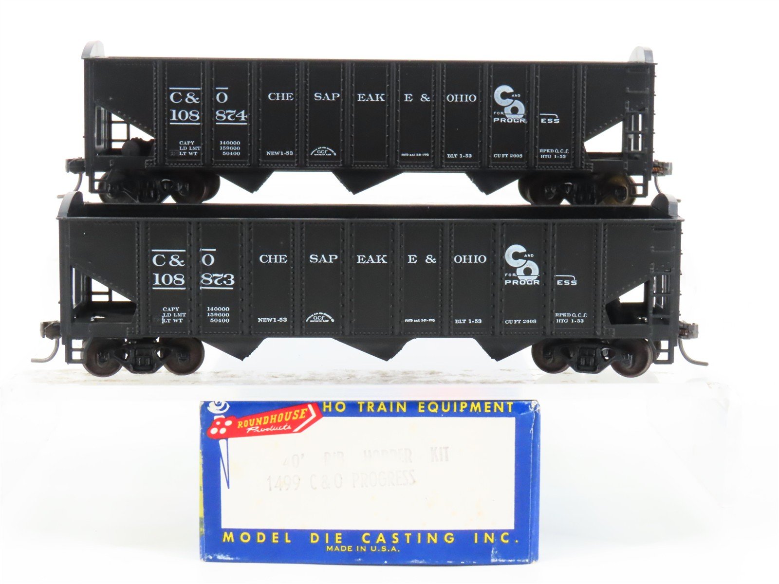 LOT of 2 HO Scale Roundhouse 1499 C&O Progress 3-Bay Open Hopper - Upgraded