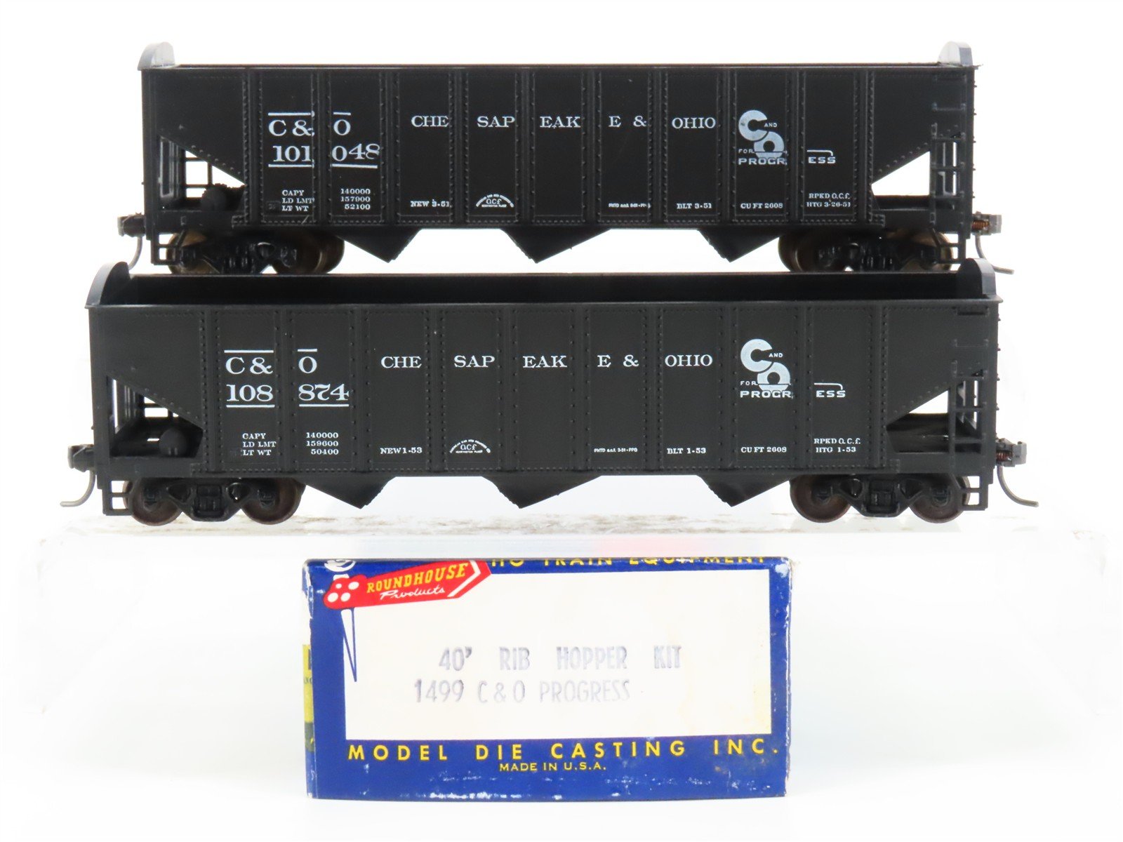 LOT of 2 HO Scale Roundhouse 1499 C&O Progress 3-Bay Open Hopper - Upgraded