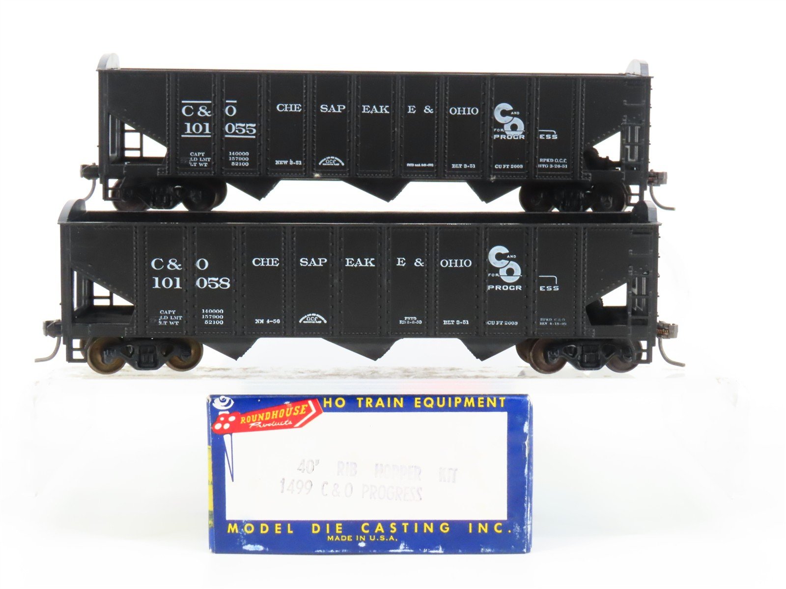 LOT of 2 HO Scale Roundhouse 1499 C&O Progress 3-Bay Open Hopper - Upgraded