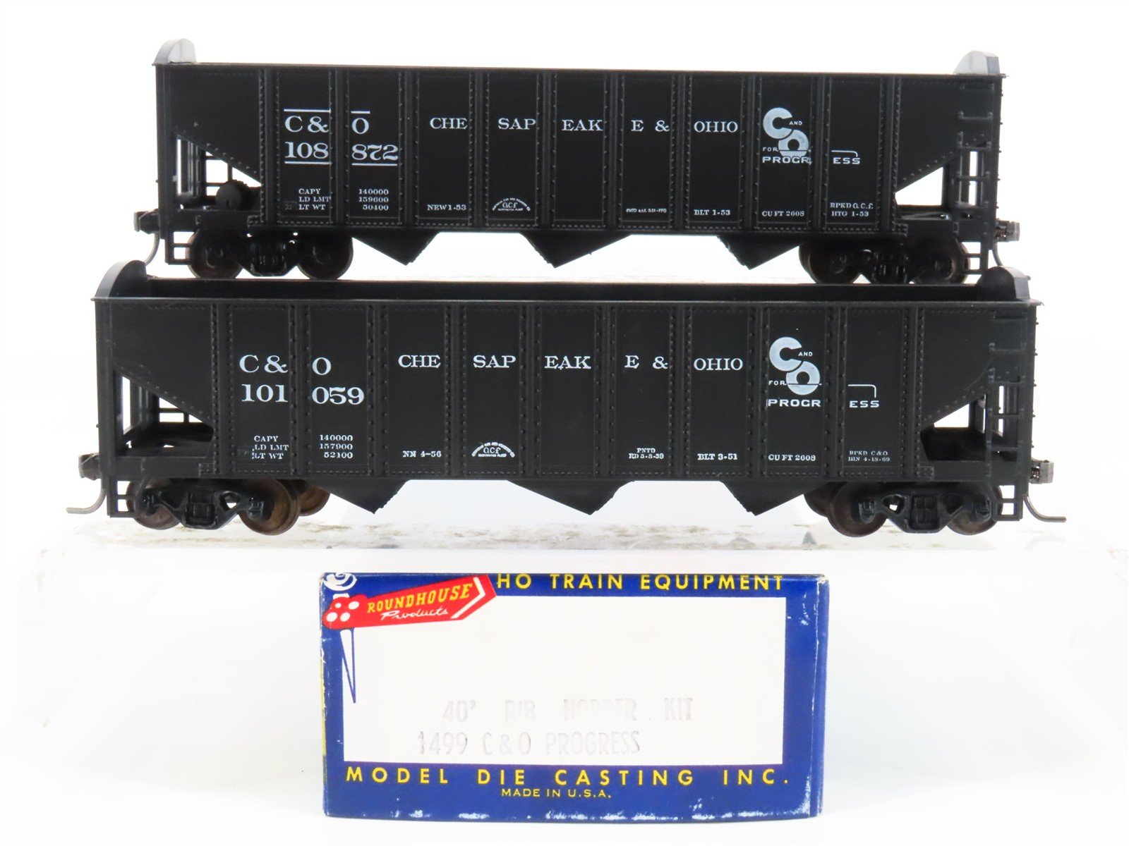 LOT of 2 HO Scale Roundhouse 1499 C&O Progress 3-Bay Open Hopper - Upgraded