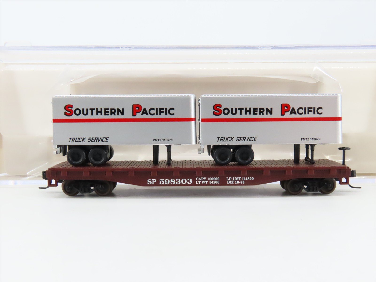 N Scale Atlas 37443 SP Southern Pacific Piggyback Flat Car #598303 w/ 2 Trailers