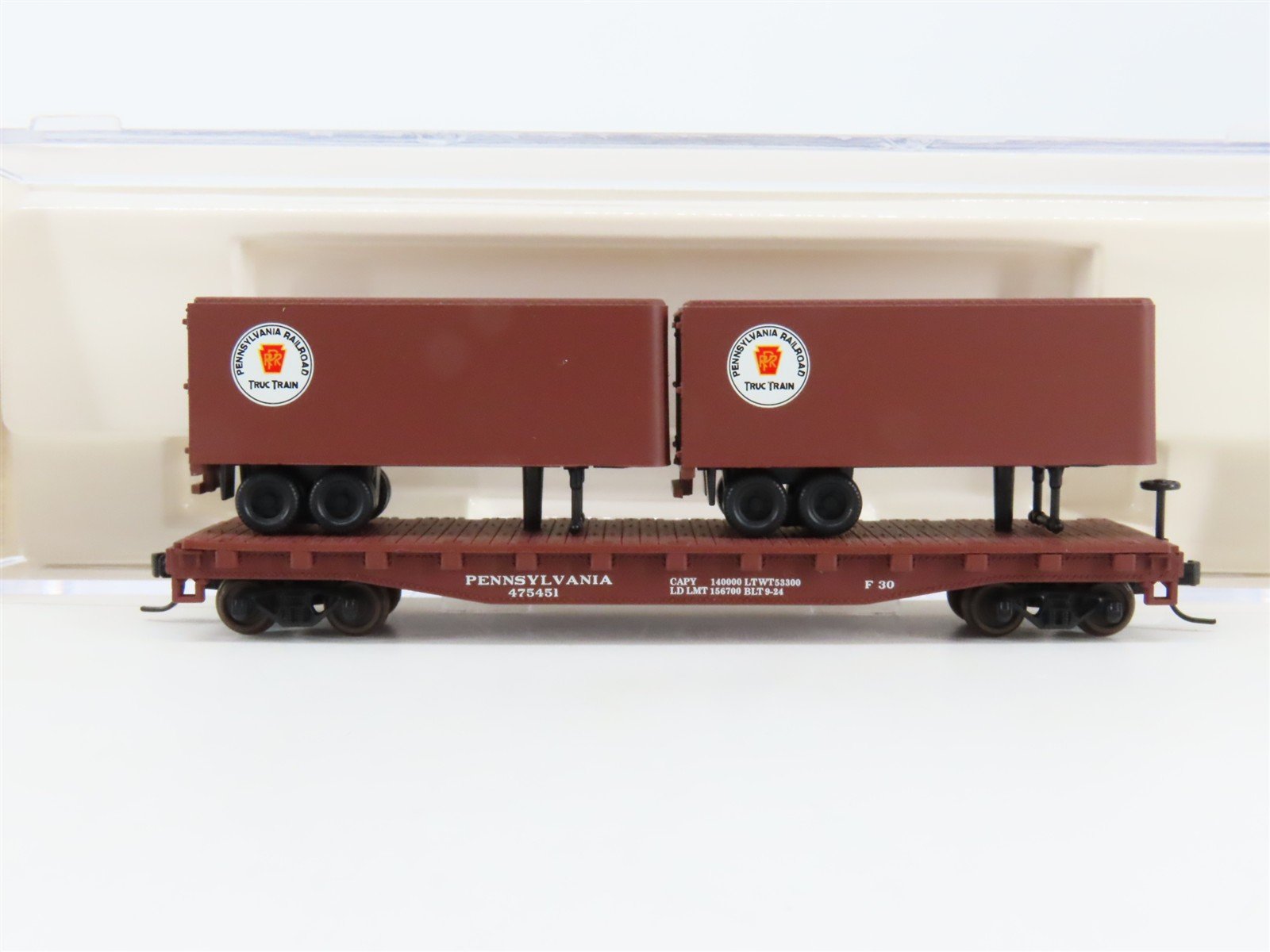 N Scale Atlas 37512 PRR Pennsylvania Piggyback Flat Car #475451 w/ 2 Trailers