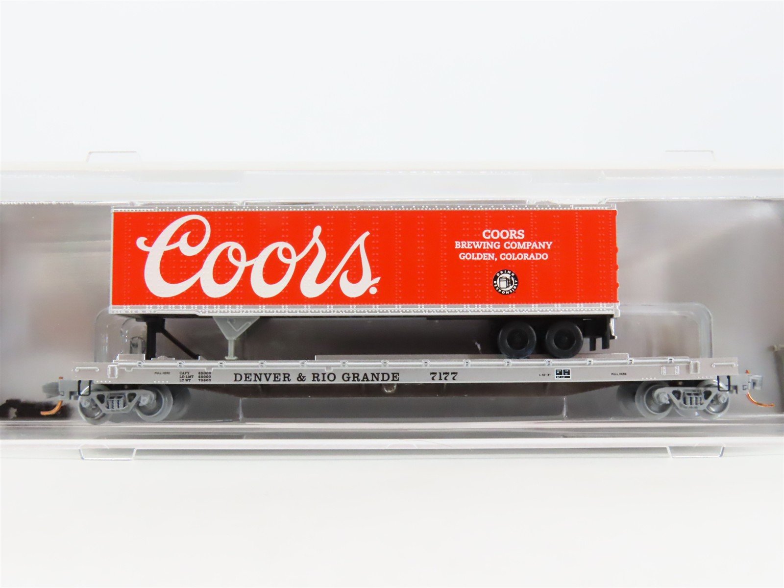 N Atlas NSC MTL 07-108 D&RGW Rio Grande TOFC Flat Car #7177 w/ Coors Trailer