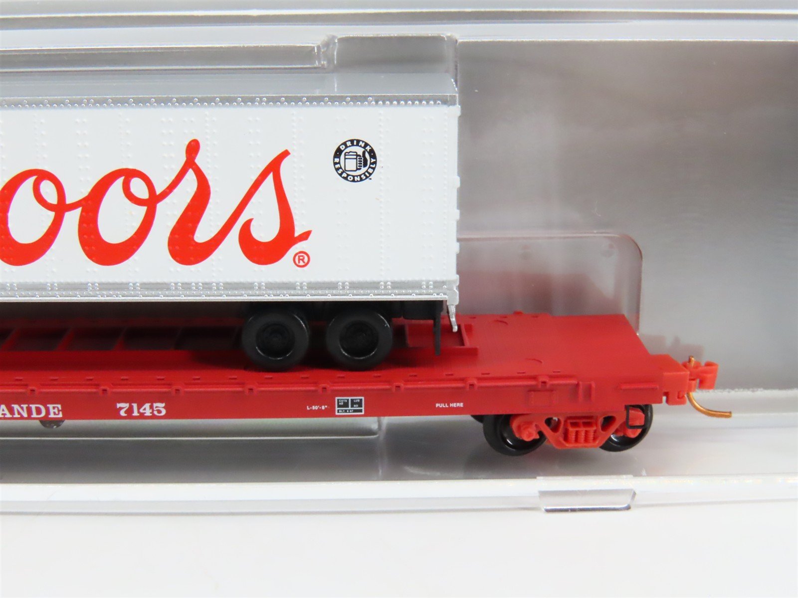 N Atlas NSC MTL 07-109 D&RGW Rio Grande TOFC Flat Car #7145 w/ Coors Trailer
