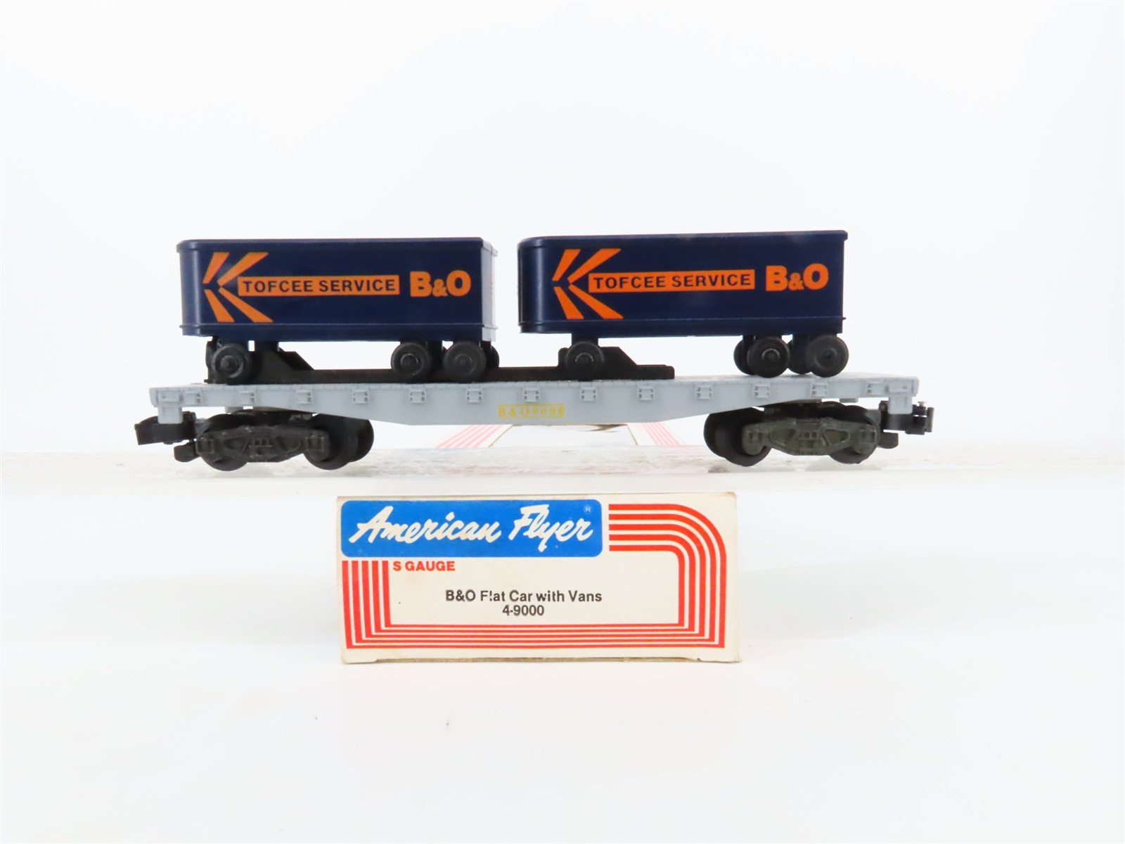 S Scale American Flyer 4-9000 B&O Baltimore & Ohio Flatcar #9000 w/Trailers