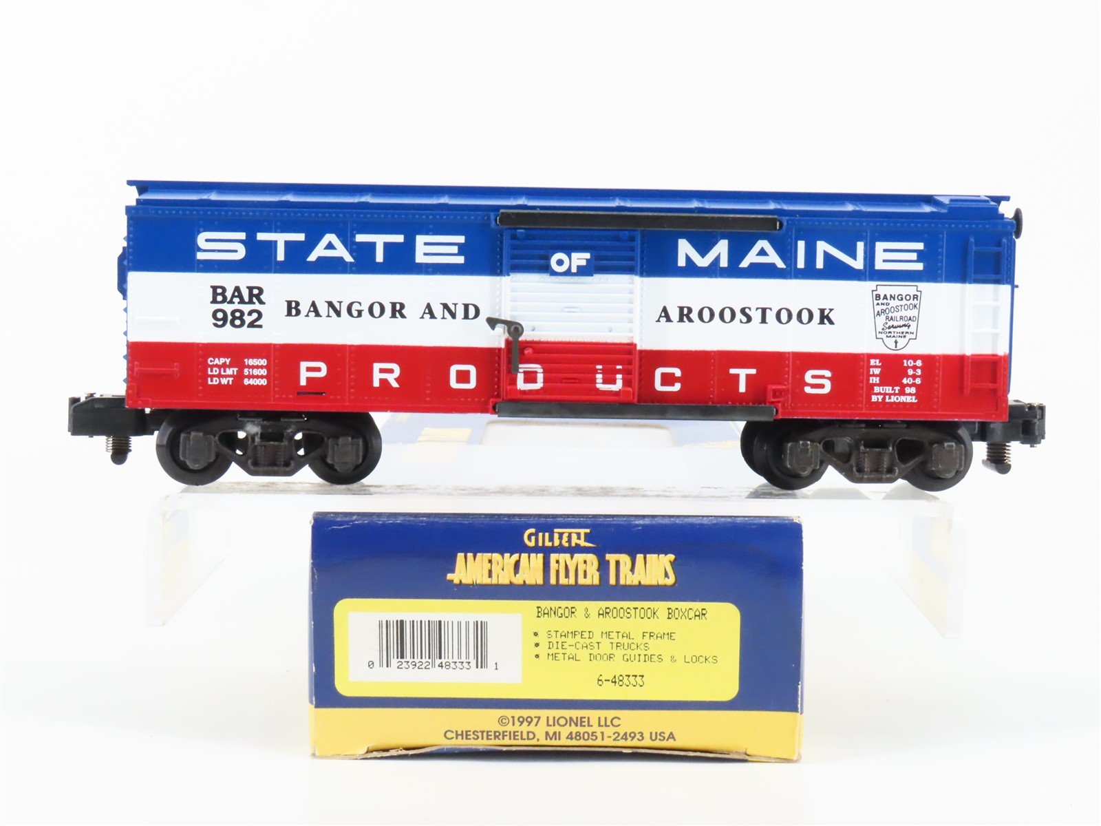 S Gauge Gilbert American Flyer Trains 6-48333 BAR State of Maine Box Car #982