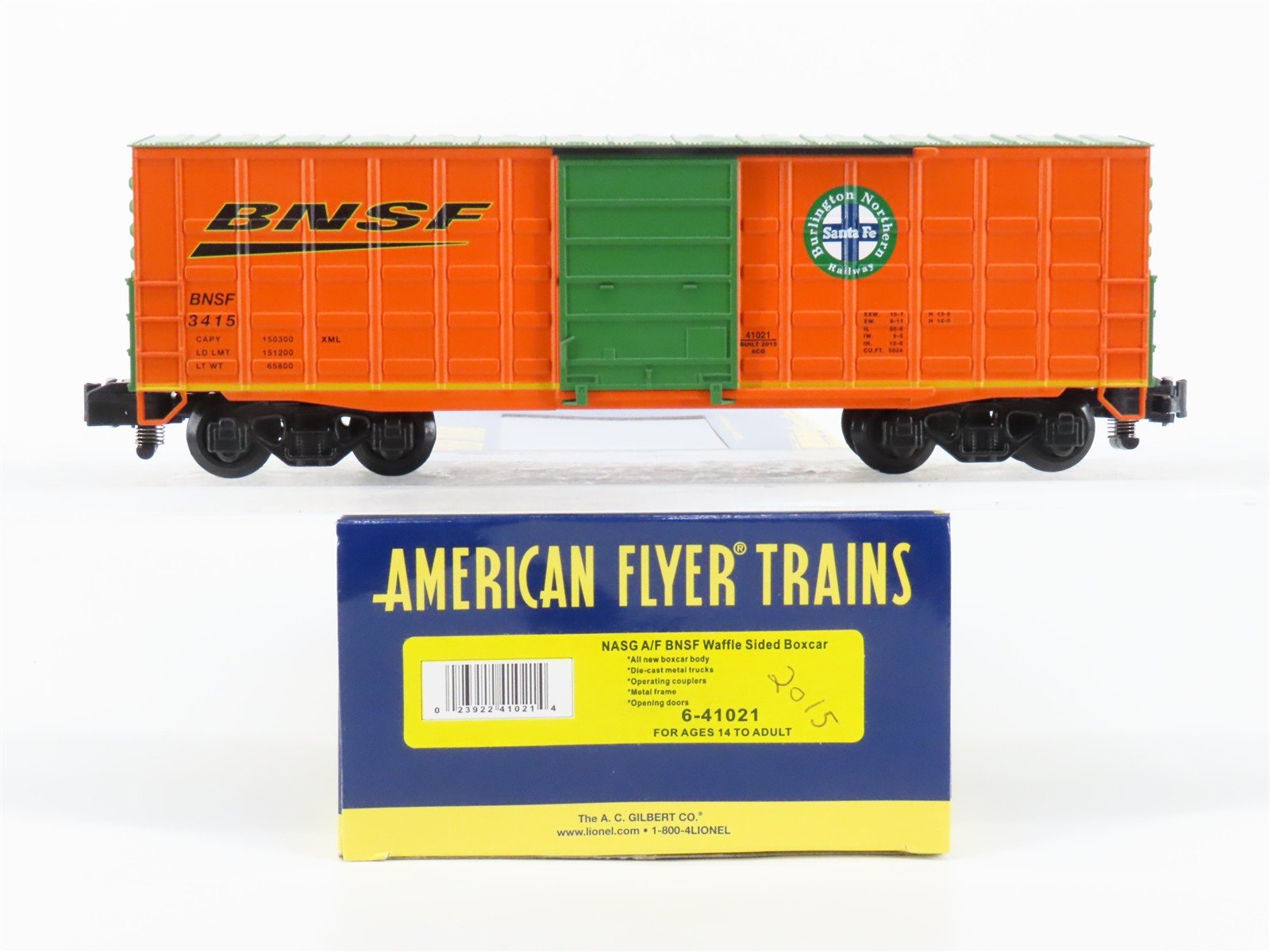 S Gauge Gilbert American Flyer 6-41021 BNSF Railway Waffle Sided Box Car #3415