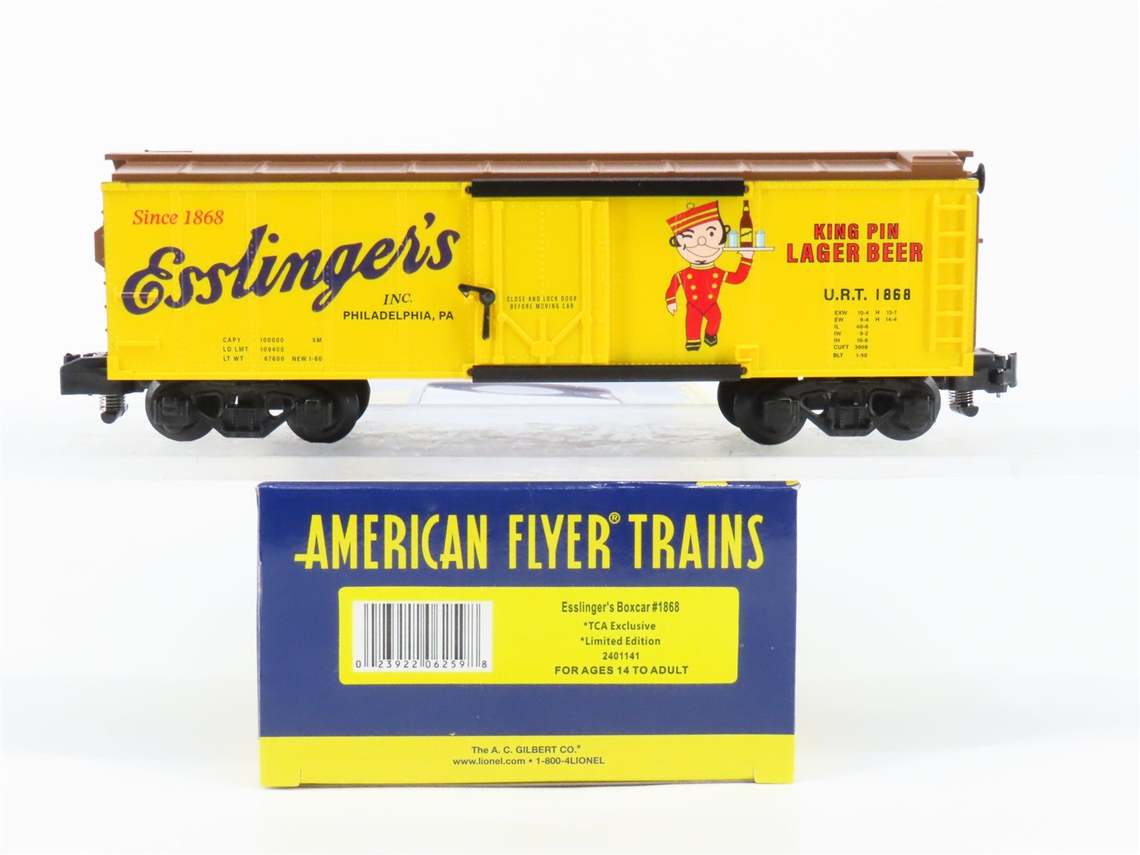 S Gauge Gilbert American Flyer 2401141 URT Esslinger's Single Door Box Car #1868