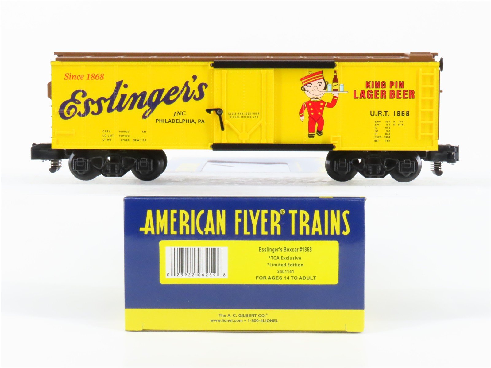 S Gauge Gilbert American Flyer 2401141 URT Esslinger's Single Door Box Car #1868