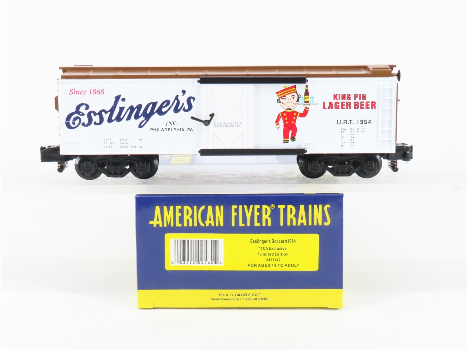 S Gauge Gilbert American Flyer 2401142 URT Esslinger's Single Door Box Car #1954