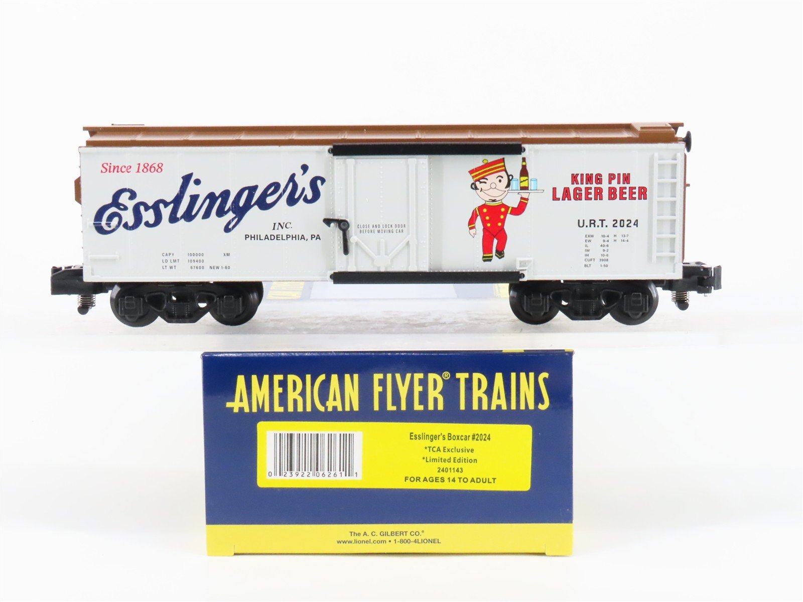 S Gauge Gilbert American Flyer 2401143 URT Esslinger's Single Door Box Car #2024