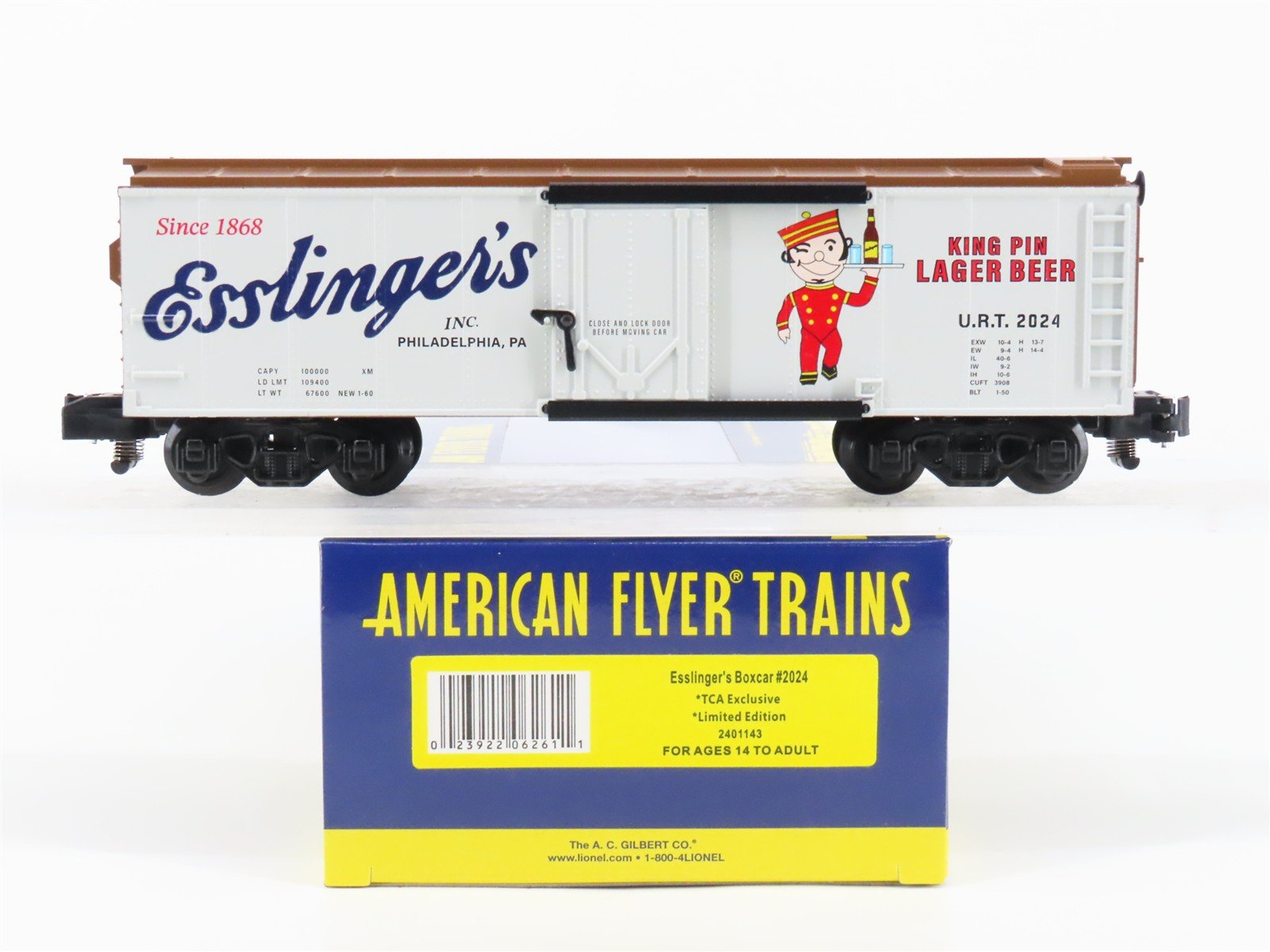 S Gauge Gilbert American Flyer 2401143 URT Esslinger's Single Door Box Car #2024