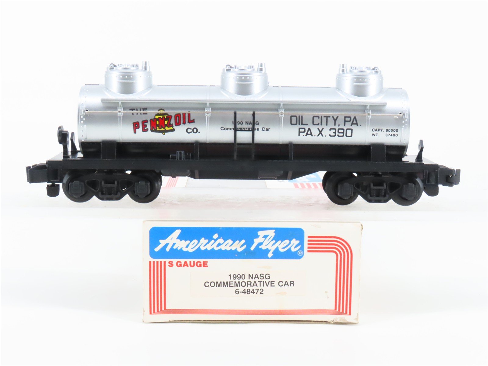 S Scale American Flyer 6-48472 1990 NASG PAX Pennzoil 3-Dome Tankcar #390