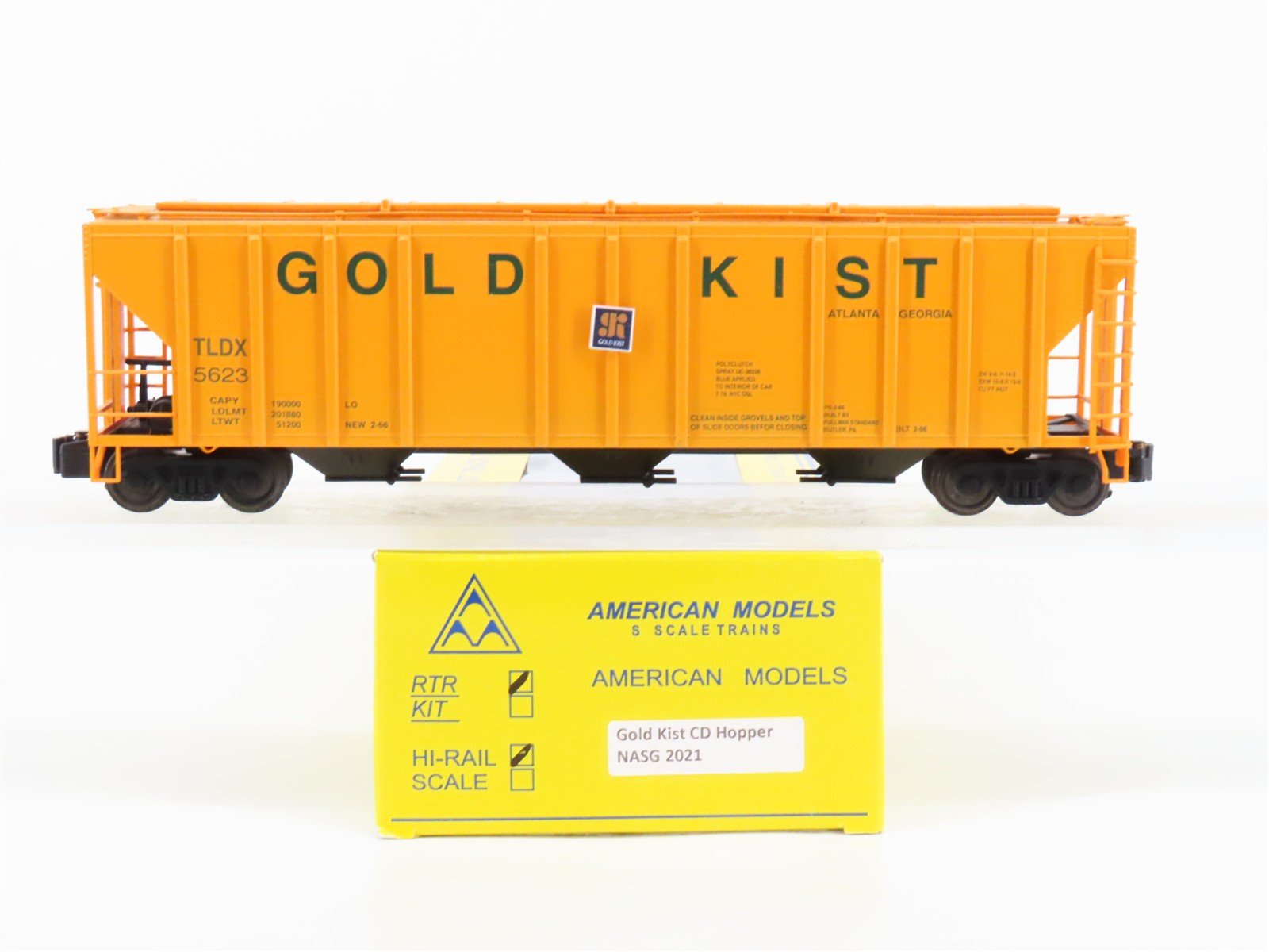 S Scale American Models NASG 2021 TLDX Gold Kist 3-Bay Covered Hopper #5623