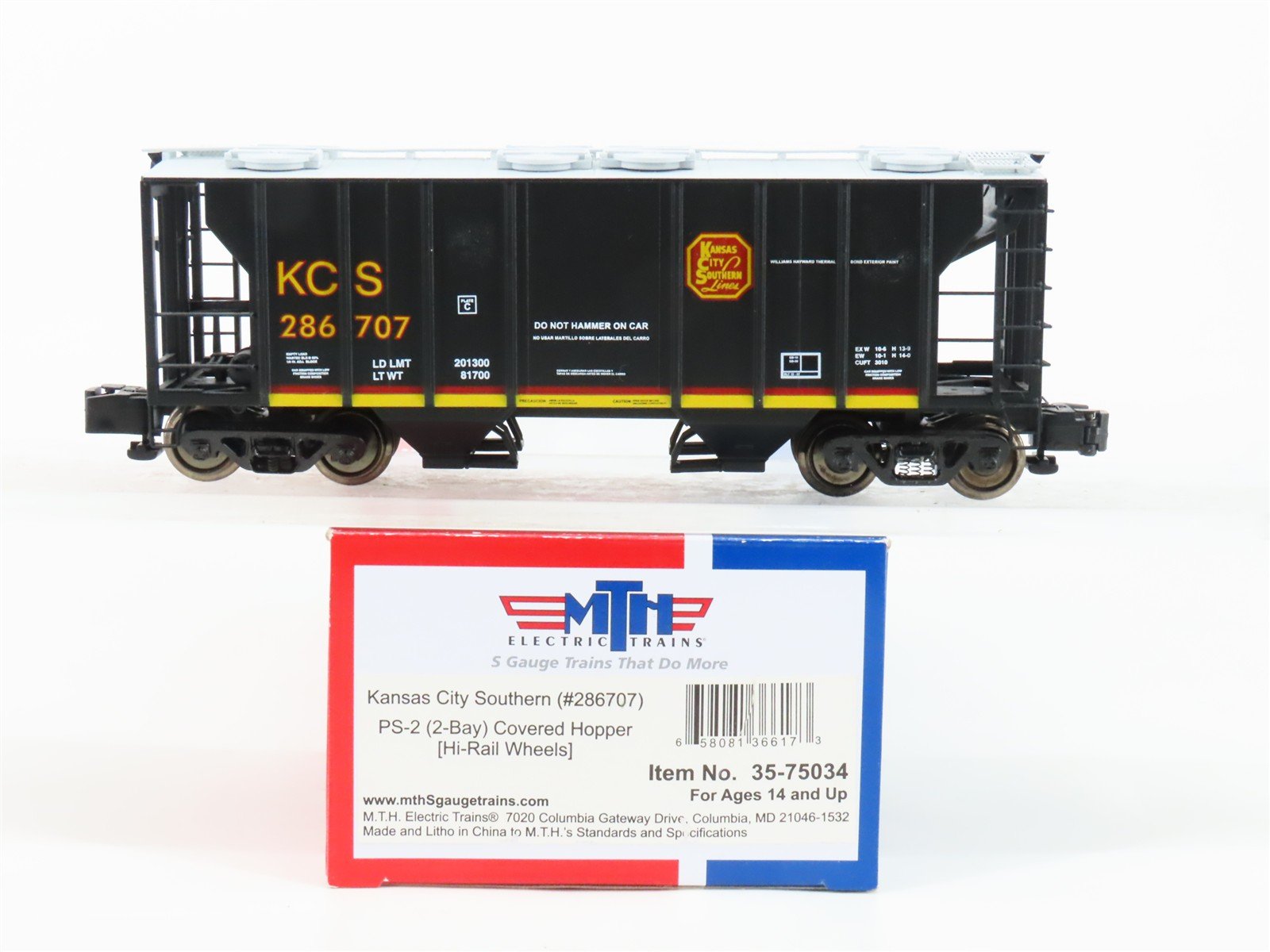 S Scale MTH 35-75034 KCS Kansas City Southern PS-2 2-Bay Covered Hopper #286707