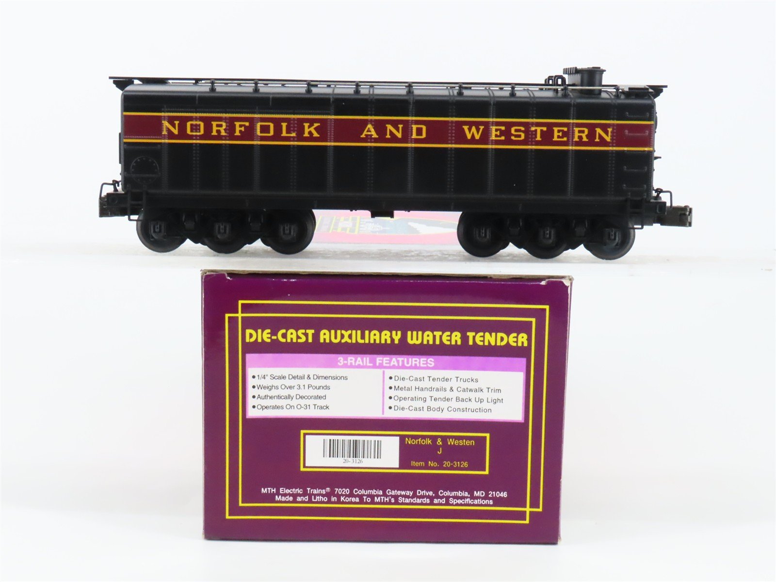 O Gauge 3-Rail MTH 20-3126 N&W Norfolk & Western Auxiliary Water Tender No#