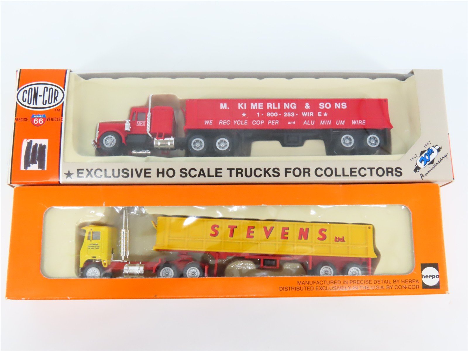 LOT of 2 HO 1/87 Scale Con-Cor Stevens & MKS Semi-Trucks w/ Long Dump Trailers