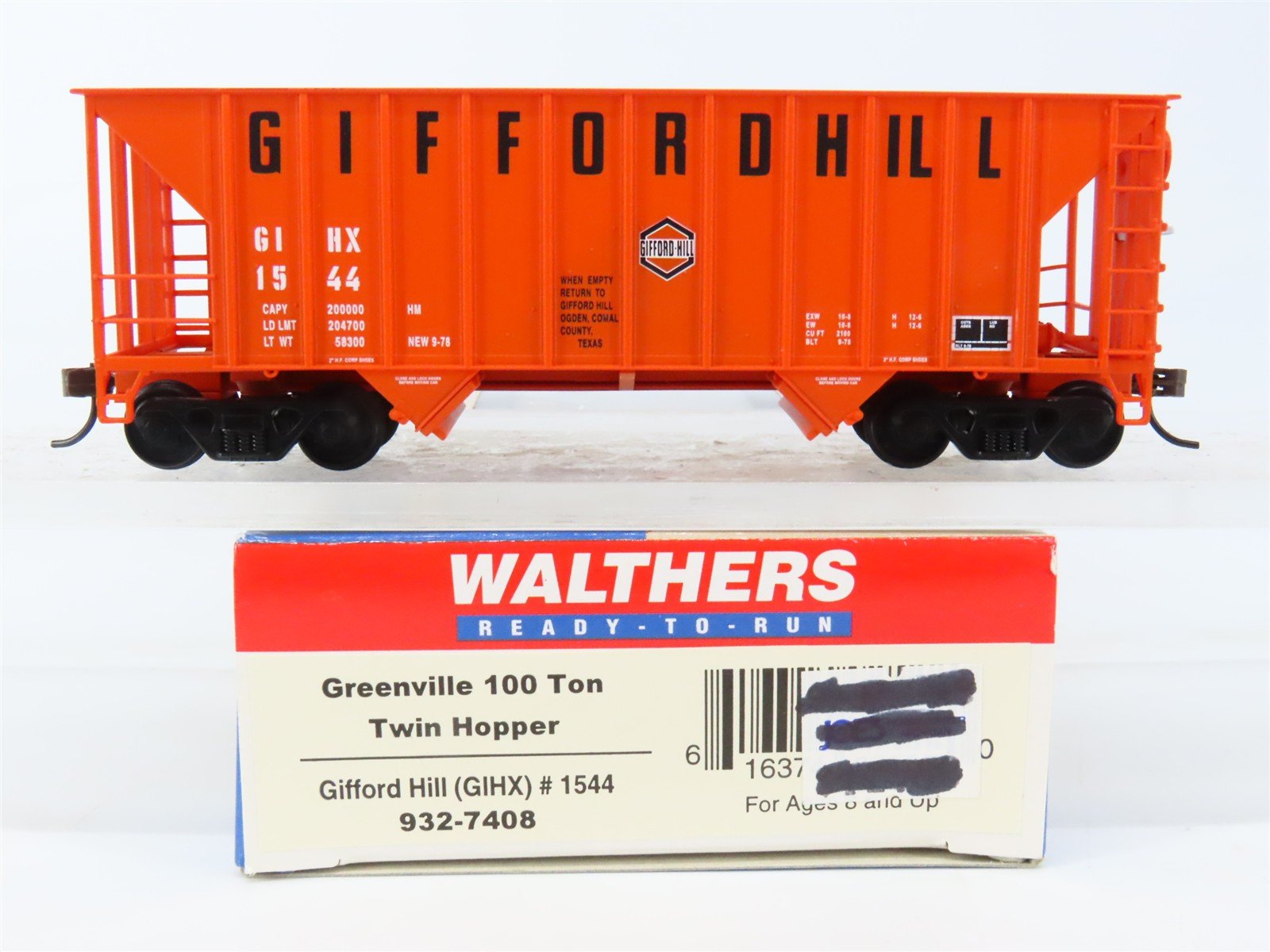 HO Scale Walthers 932-7408 GIHX Glifford Hill 2-Bay Greenville Hopper #1544