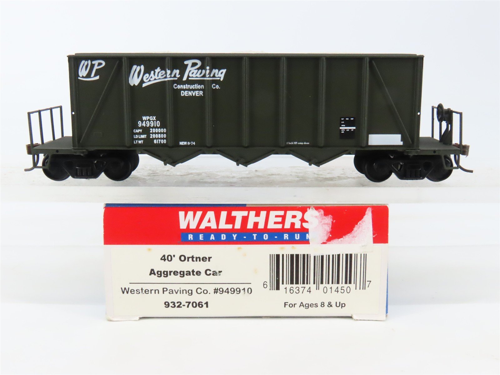 HO Walthers 932-7061 WPGX Western Paving 40' 3-Bay Ortner Hopper #949910 w/ Load