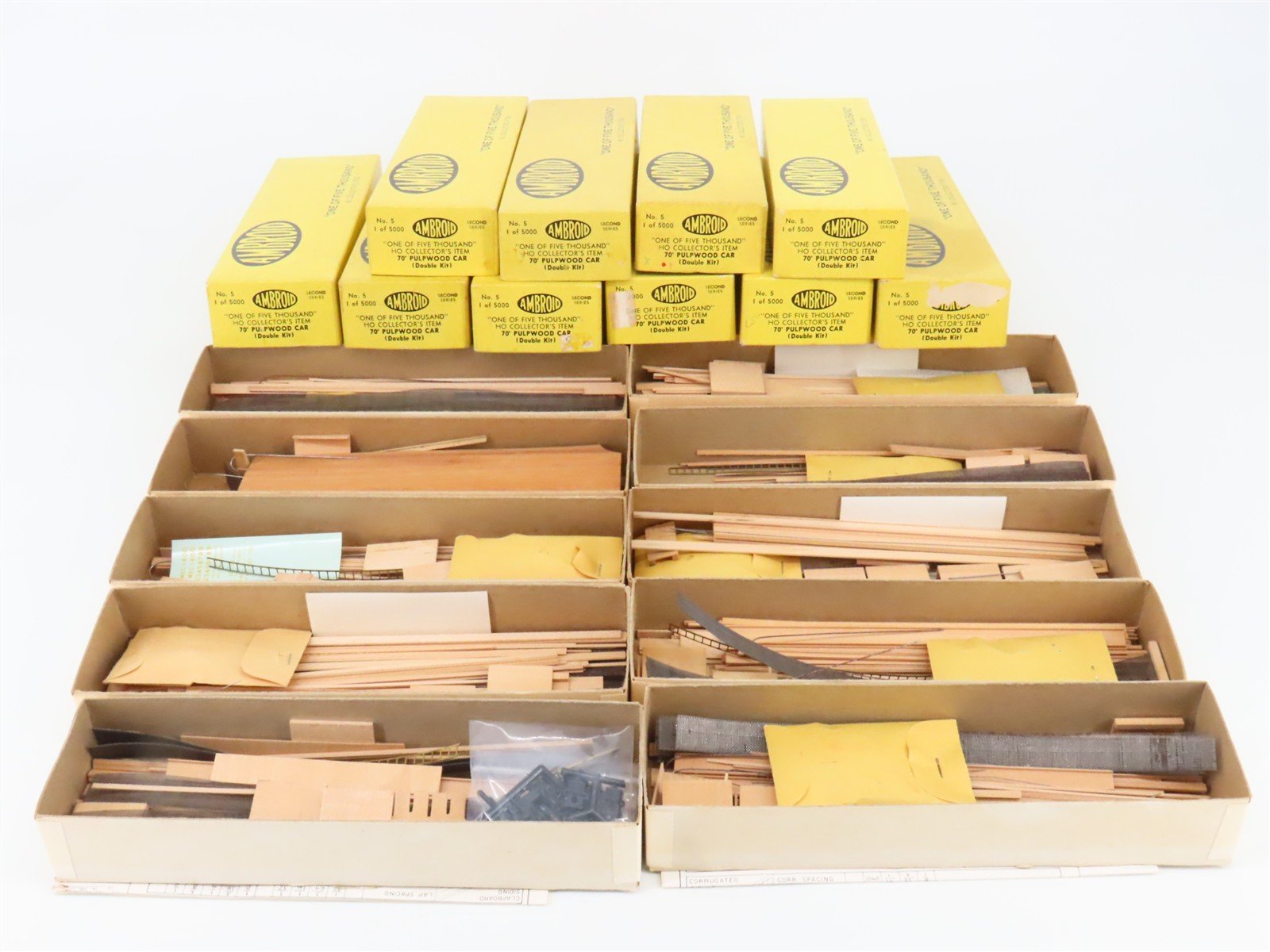 LOT of 10 HO Scale Ambroid Wood Kit #5 Undecorated 70' Pulpwood Flat Car