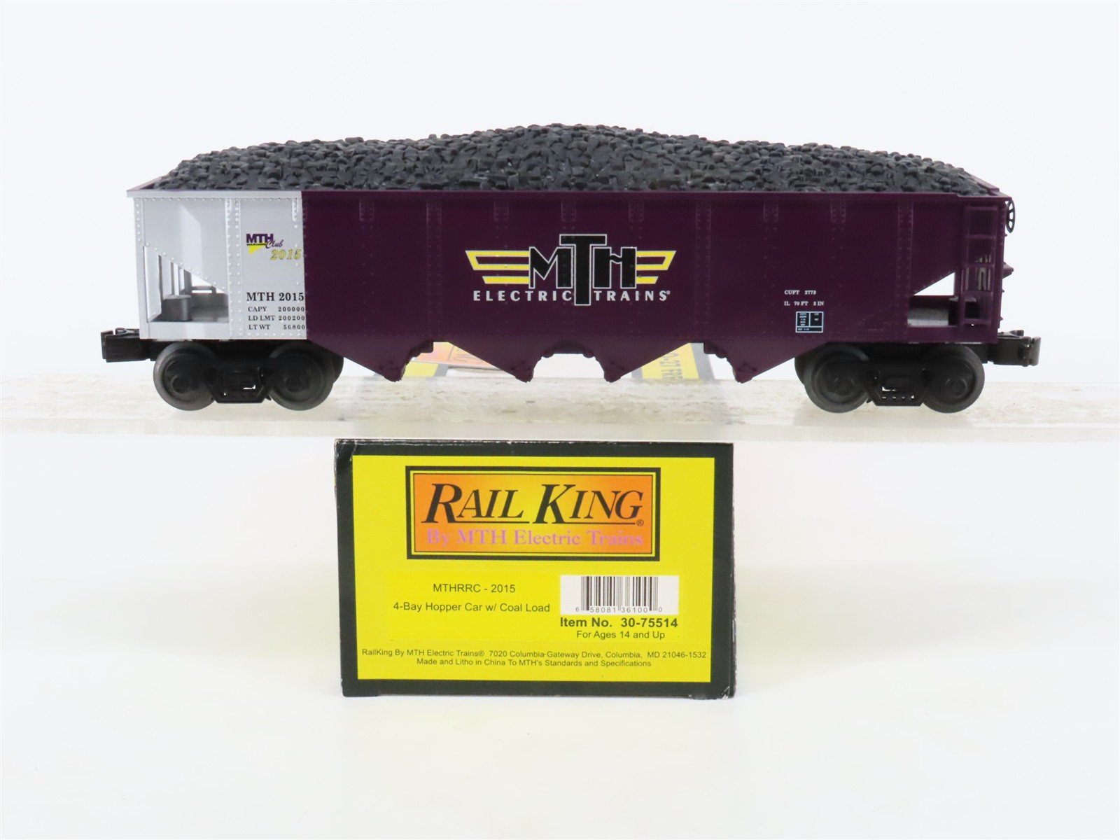 O Gauge 3-Rail MTH Rail King 30-75514 MTHRRC 4-Bay Hopper Car #2015 w/Coal Load