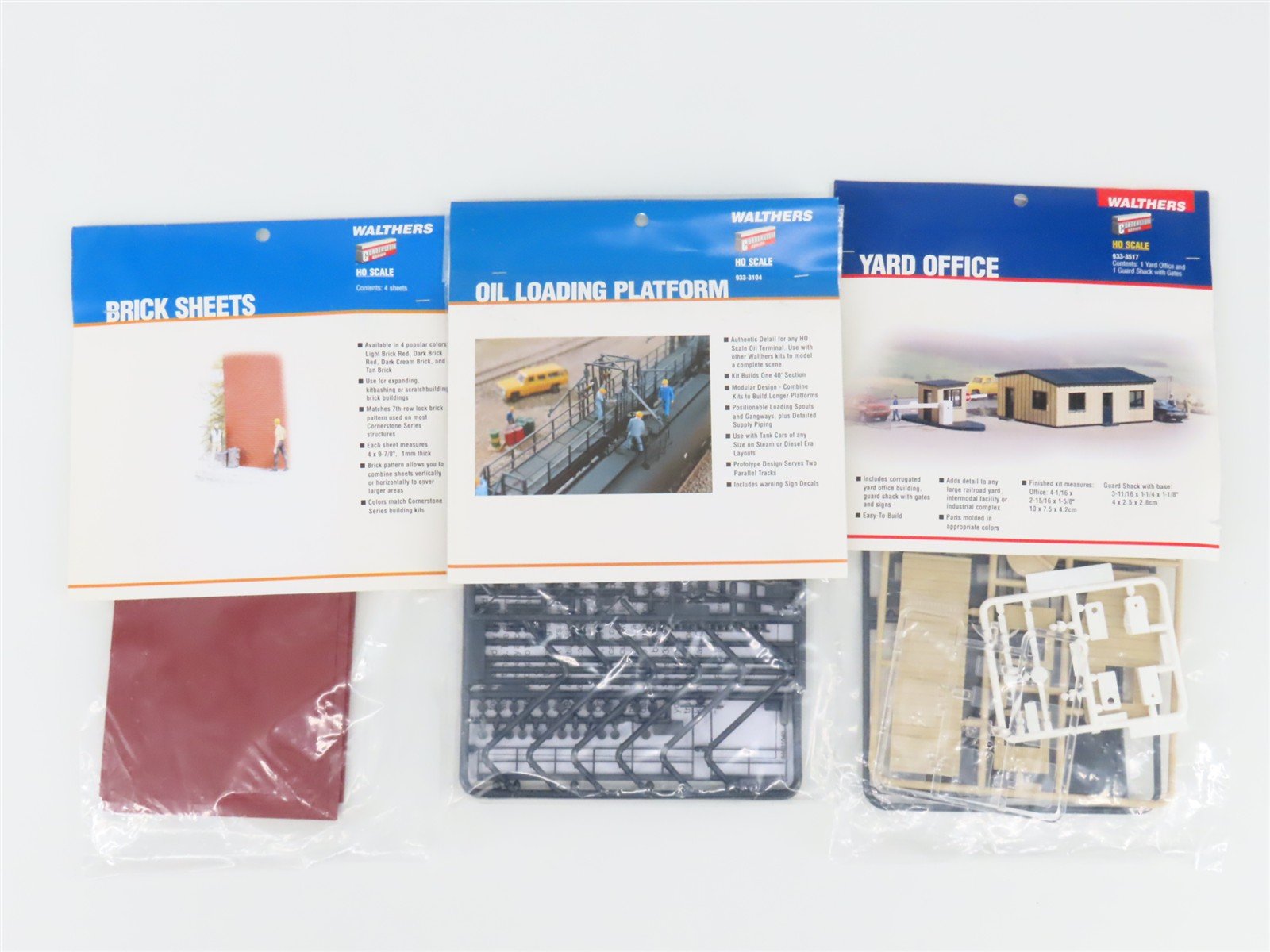 LOT of 3 HO Scale Walthers Brick Sheets, Oil Loading Platform, Yard Office Kits