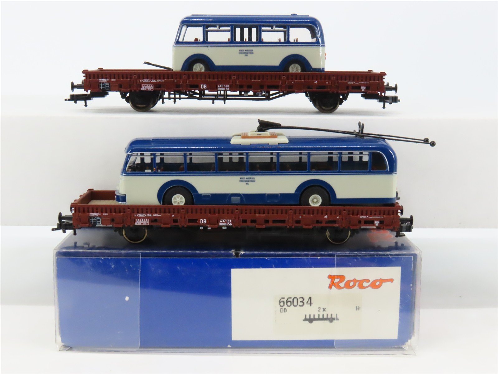 HO Scale Roco 66034 DB Deutsche Bahn Railway Flat Car w/ Bus Load 2-Pack