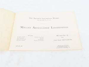 Baldwin Locomotive Works Mallet Articulated Locomotives Record 72