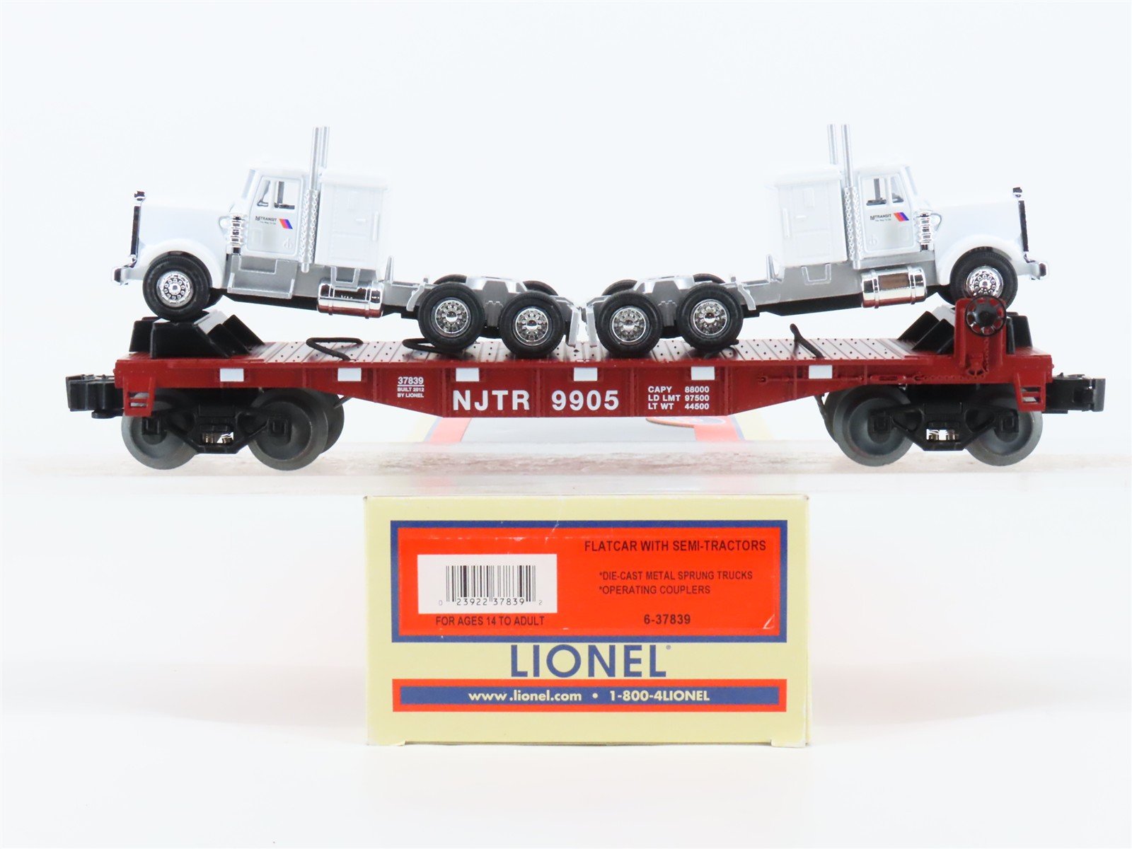 O Gauge 3-Rail Lionel 6-37839 NJTR NJ Transit Flat Car #9905 w/ Semi-Tractors