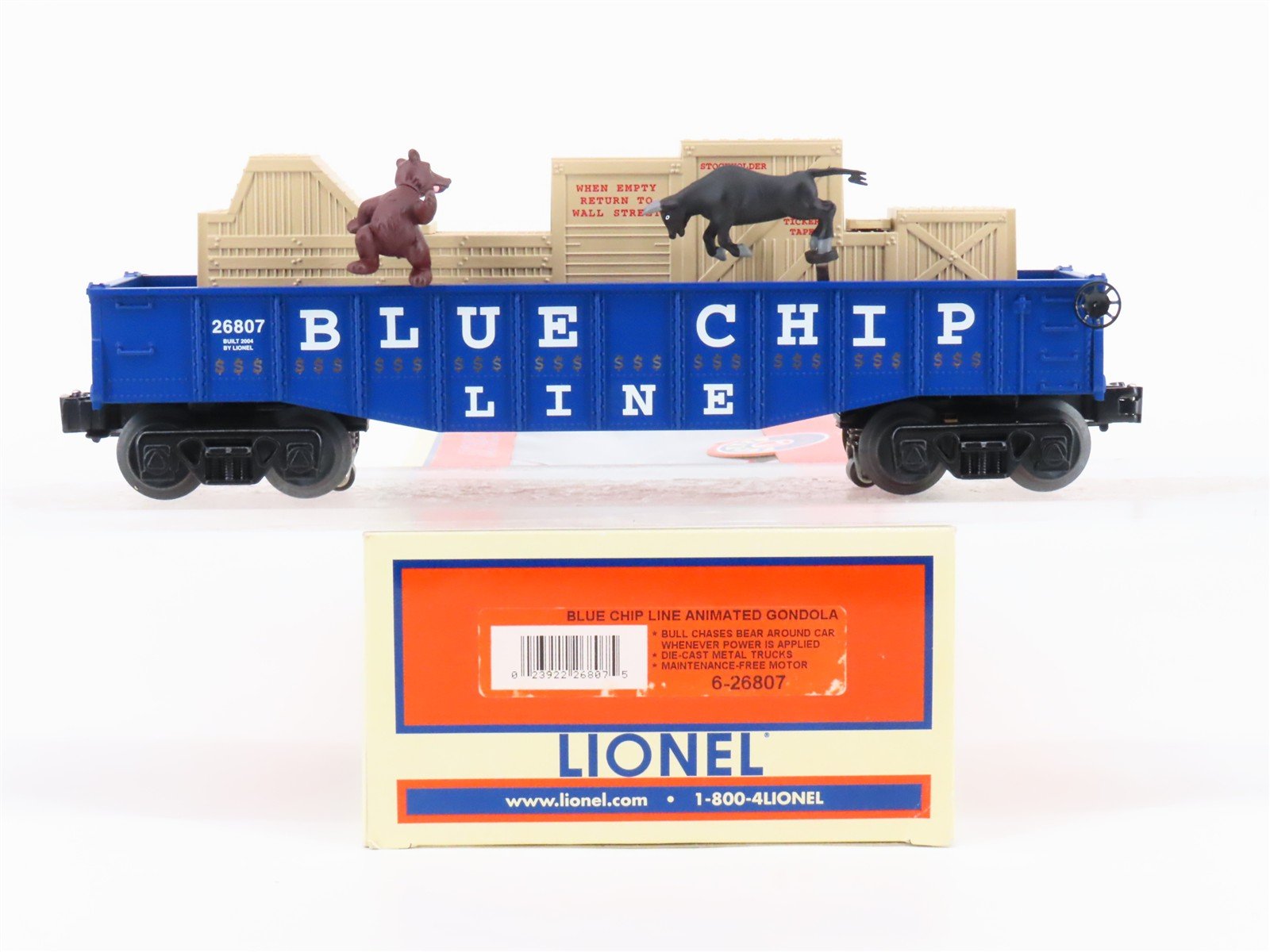 O Gauge 3-Rail Lionel 6-26807 Blue Chip Line Animated Bull & Bear Chase Gondola