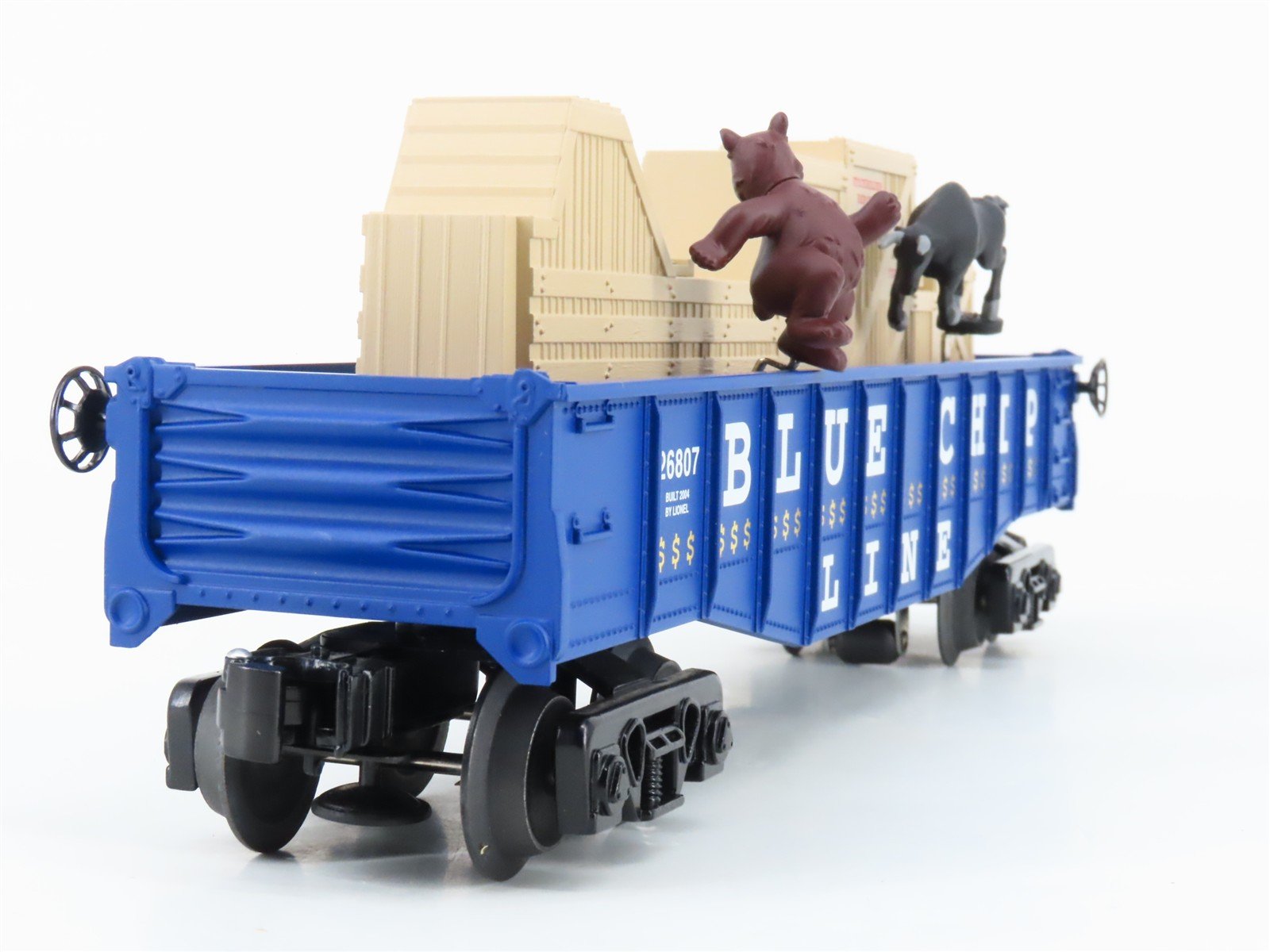 O Gauge 3-Rail Lionel 6-26807 Blue Chip Line Animated Bull & Bear Chase Gondola