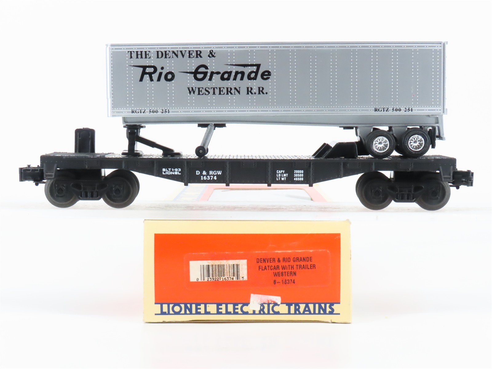 O Gauge 3-Rail Lionel 6-16374 D&RGW Rio Grande TOFC Flat Car #16374 w/ Trailer