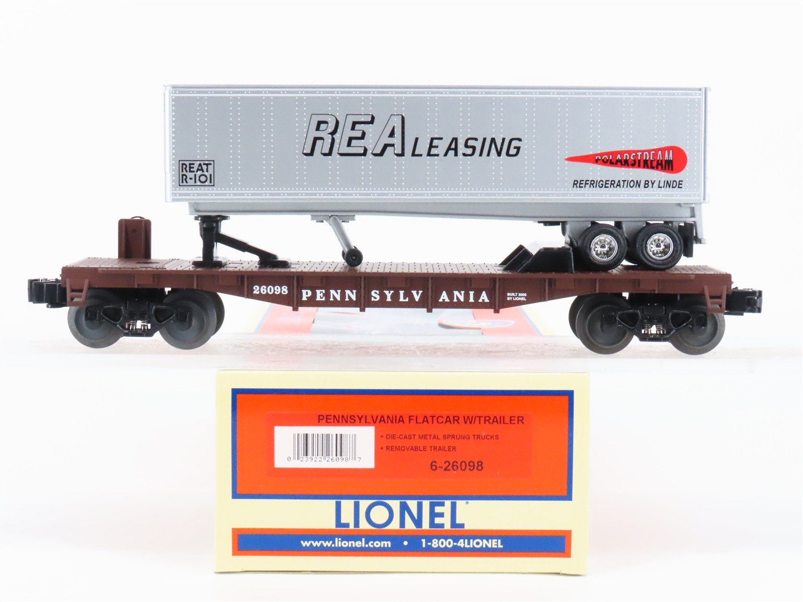 O Gauge 3-Rail Lionel 6-26098 PRR TOFC Flat Car #26098 w/ REA Leasing Trailer
