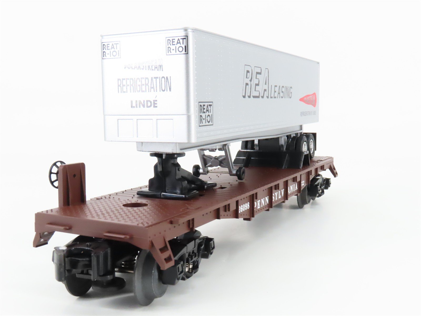 O Gauge 3-Rail Lionel 6-26098 PRR TOFC Flat Car #26098 w/ REA Leasing Trailer