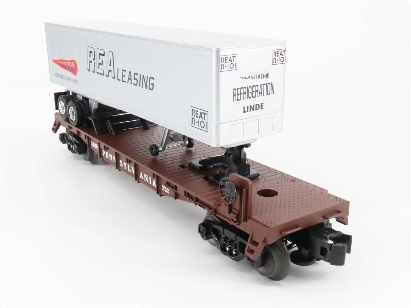 O Gauge 3-Rail Lionel 6-26098 PRR TOFC Flat Car #26098 w/ REA Leasing Trailer