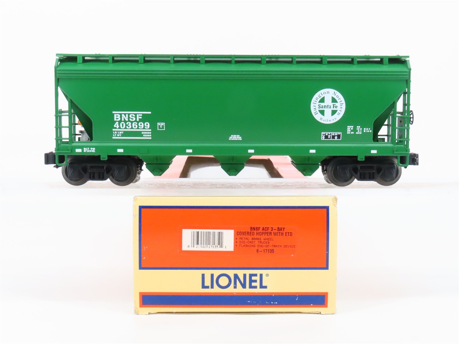 O Gauge 3-Rail Lionel 6-17135 BNSF Railway 3-Bay Covered Hopper #403699