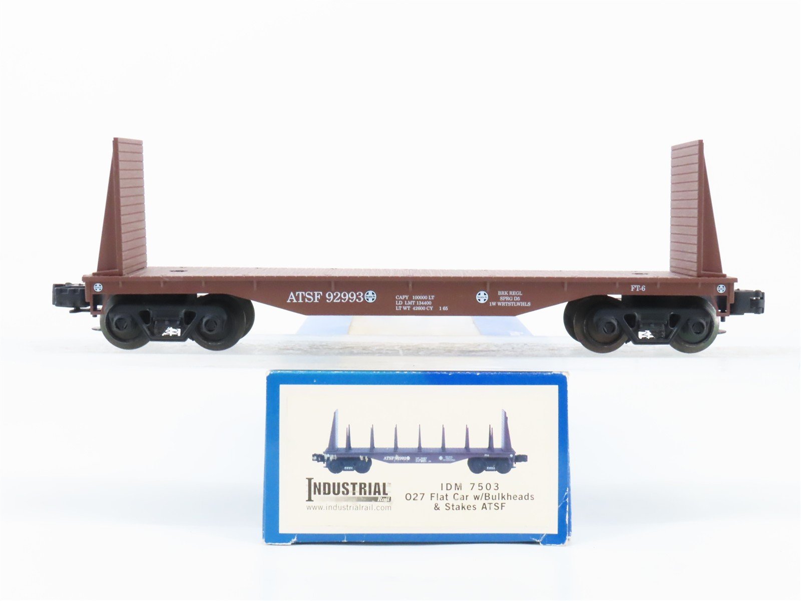 O27 Gauge 3-Rail Industrial Rail IDM 7503 ATSF Santa Fe Bulkhead Flat Car #92993