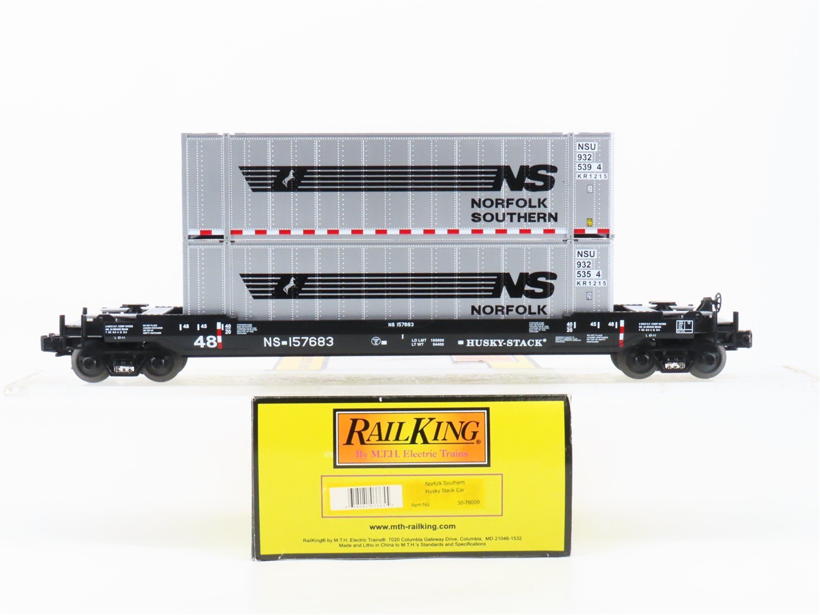 O Gauge 3-Rail MTH RailKing 30-76009 NS Husky Stack Car #157683 w/ Containers