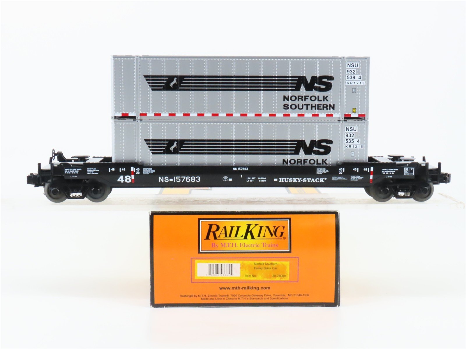 O Gauge 3-Rail MTH RailKing 30-76009 NS Husky Stack Car #157683 w/ Containers
