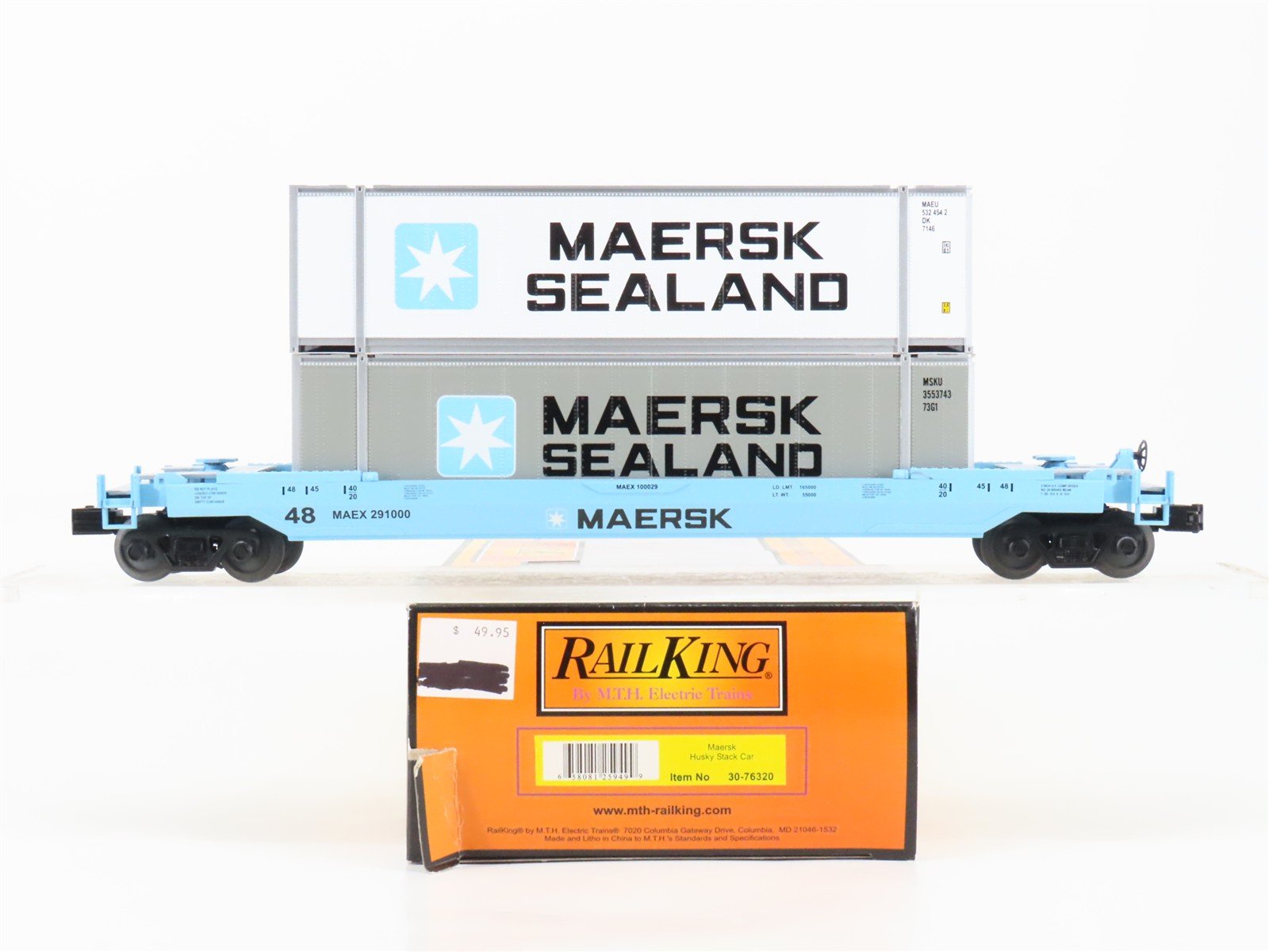 O 3-Rail MTH RailKing 30-76009 MAEX Maersk Husky Stack Car #291000 w/ Containers