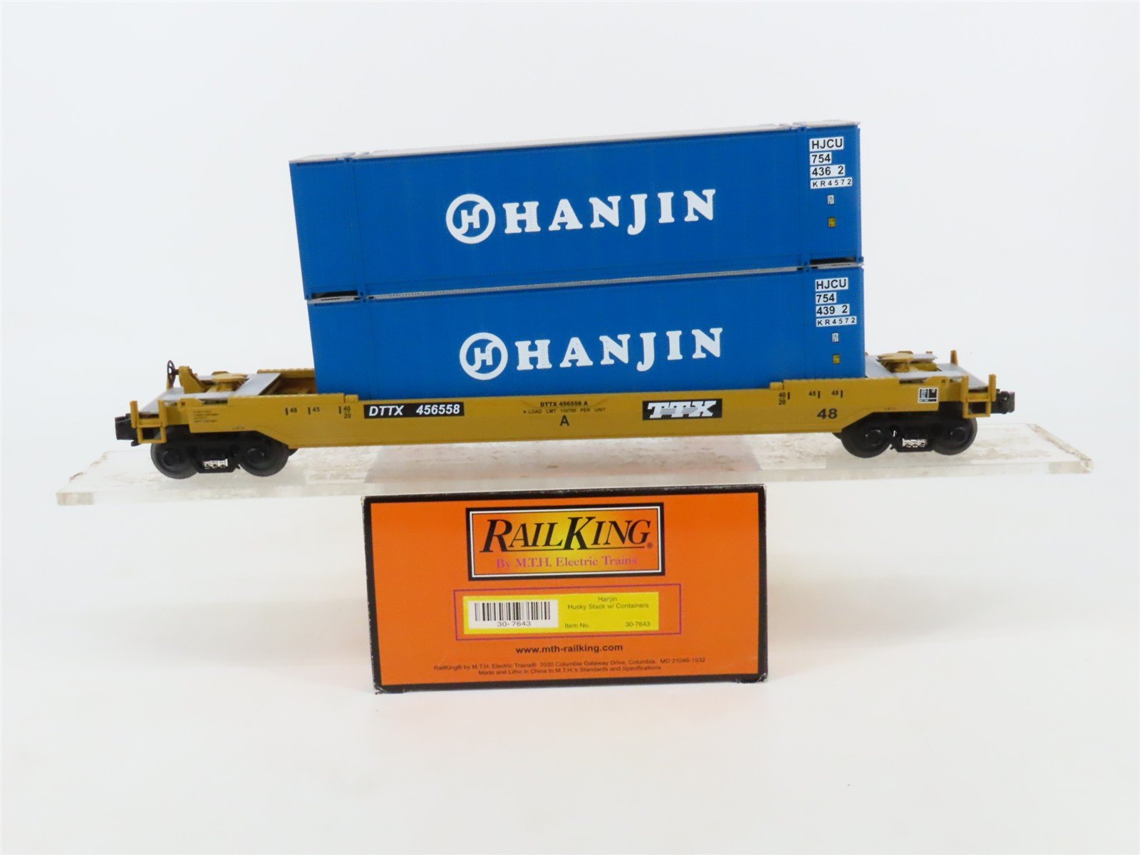 O Gauge 3-Rail MTH Rail King 30-7643 DTTX Hanjin Husky Stack Car #456558