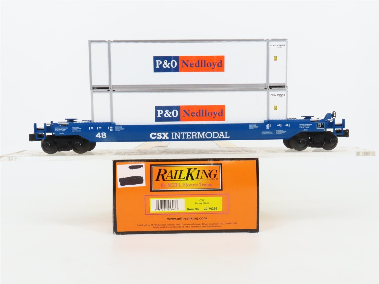 O Gauge 3-Rail MTH Rail King 30-76296 CSX Husky Stack Car w/ P&O Containers